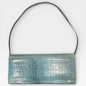 Stuart Weitzman Light Blue Crocodile Embossed Leather Baguette Shoulder Bag